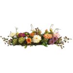 Exquisite Silk Peony Centerpiece for Fireplace Mantel Decoration: A Horizontally Oriented Arrangement of Multicoloured Peonies, Buds and Twiggs, Crafted with Elegance for a Stunning Display.